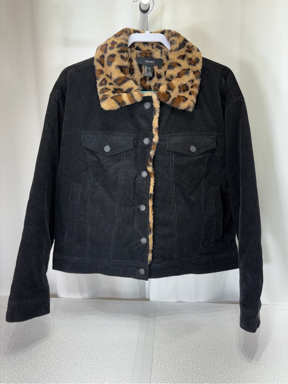 Forever 21 Black Corduroy Jacket with Leopard Faux-Fur Trim & Gloves 4096